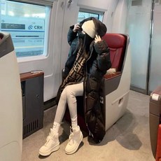 화이트 오리털 패딩 여중 롱 디자인 코쿤형 도톰 무릎 후드 점퍼
