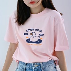험블스튜디오 오리 캐릭터 빅사이즈 라운드넥 오버핏 여성 반팔티 라이트핑크 반팔 티셔츠 리뷰후기