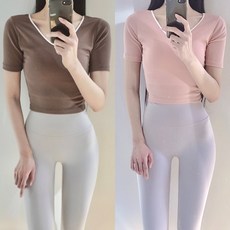 로라벨 브이 배색 반팔 필라테스복 요가복 필라테스옷 필라테스커버업 필라테스상의 요가 운동복 티 봄 여름 가을 리뷰후기