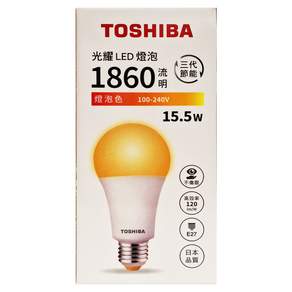 TOSHIBA 東芝 光耀 LED燈泡 15.5W 直徑70 x 高140mm, 黃光, 1盒