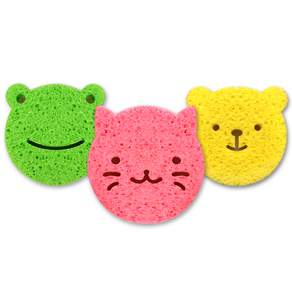 Manito 嬰兒造型沐浴海綿 3入, 青蛙(綠色)+貓咪(粉色)+小熊(黃色), 1組
