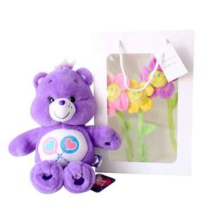 MORIANN 中型Care Bears熊熊玩偶+微笑花 3入+禮品袋組, 36cm, Care Bear Purple（人偶）