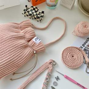 Knit.Seasons 鉤針編織束口袋DIY材料包組, 蜜桃粉, 1組