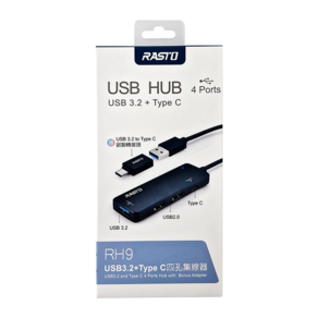 RASTO RH9 USB3.2 + Type C四孔集線器 附Type C轉接頭 R-PCD009 10.5cm, 黑色, 1盒