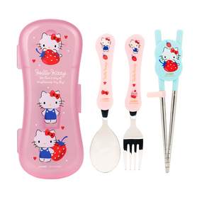 LILFANT Sanrio 不鏽鋼孩童餐具套組, Hello Kitty, 湯匙+叉子+學習筷+收納盒, 1組