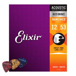 Elixir Nanoweb Acoustic 80 / 20 青銅輕吉他弦 11052 1253 + 吉他撥片組, 11052 (吉他弦), 隨機出貨 (撥片)