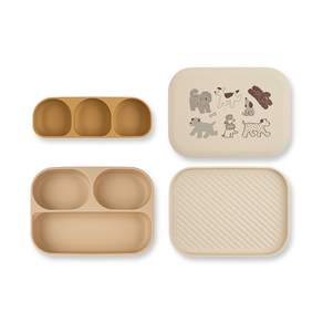 DONODONO 矽膠防滑餐具組 6個月以上, 餐盤+三格餐盤+餐盤蓋子, Puppy Beige, 1組