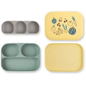 DONODONO 矽膠防滑餐具組 6個月以上, 餐盤+三格餐盤+餐盤蓋子, 黃色+綠色+灰色, 1組
