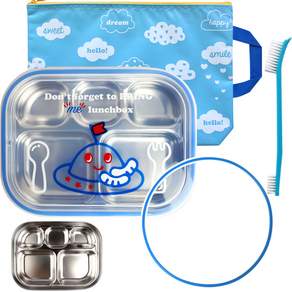 印花兒童不鏽鋼餐盤便當盒組, 便當盒+便當袋+矽膠圈+清潔刷, 藍色