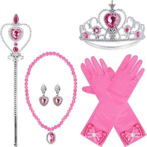 Frandir 公主項鍊配件耳環皇冠魔術棒手套套組派對用品 Insatem, 亮粉色, 1組