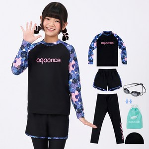 아쿠아티카 여아용 래쉬가드 + 선수용 수경 + 스판수모 + 비닐백 + 귀마개 세트 AQAJ3T24001
