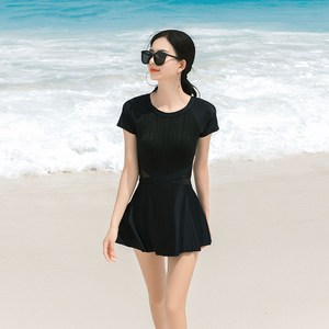 여성용 반소매 등 오픈 원피스 수영복, 검정색 (Black)