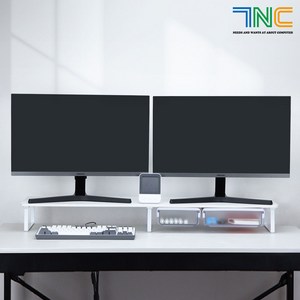 7NC 인체공학 모니터받침대 듀얼 높은 와이드 모니터선반 서랍 원목 2단 컴퓨터 대형 높이조절 화이트, 1개, 눈높이 11cm(26W)+붙이는서랍 (소형대형1개씩)