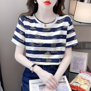 알파벳 프린트 스트라이프 반팔 티셔츠 여성 여름 상의 베이직 라운드넥 루즈핏 줄무늬 포인트 심플 아르코 단가라 데일리룩 모던 디자인