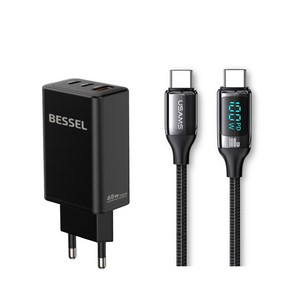 바셀 GaN 65W 고속충전기 블랙 C to C 갤럭시 충전케이블 세트, 65W충전기+LED충전케이블, 1세트