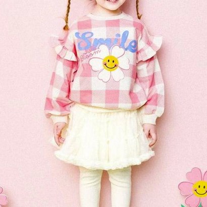 헤이미니 여아용 해피스마일 체크 맨투맨 티셔츠
