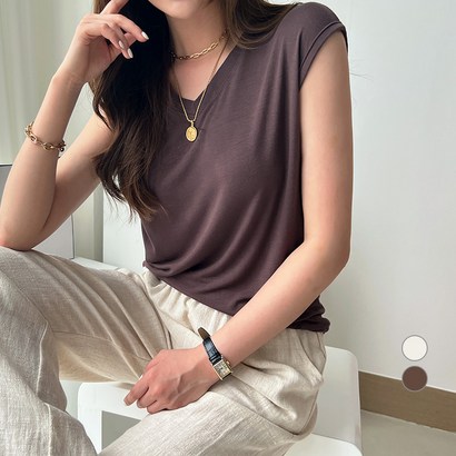 세컨그라운드 여성용 레이온 브이넥 나시 티셔츠