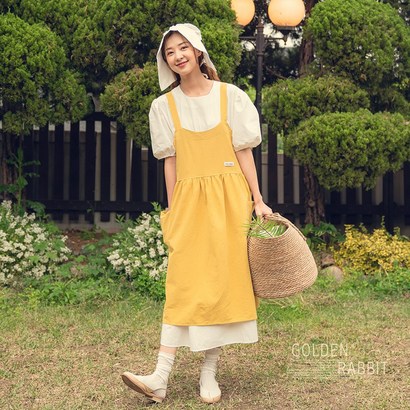 골든래빗 라운드 에이프런 원피스형 카페 린넨 감성 앞치마