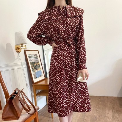 헤링본 빅카라 롱원피스 가을 겨울 긴팔 러블리 셔링 루즈핏 허리스트랩 데일리 HE098 리뷰후기