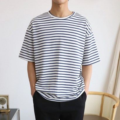 더베이직샵 스트라이프 제임스 오버핏 단가라 반팔 라운드 티셔츠 3컬러 리뷰후기