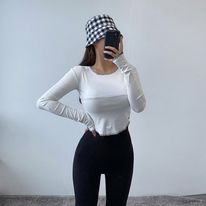 VANANA2 여성 쫀쫀 스티치 포인트 언발 크롭 긴팔티셔츠