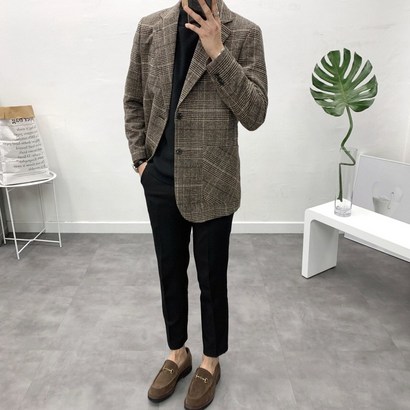 울 글렌체크 남자 싱글자켓