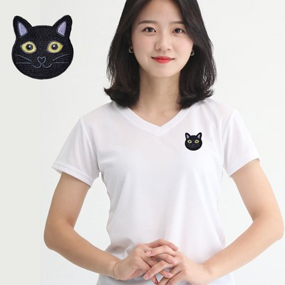 멋지군 코오롱 쿨론 기능성 브이넥 여성 고양이 자수 반팔 티셔츠