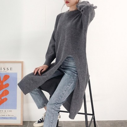 여성용 롱 딥 트임 니트