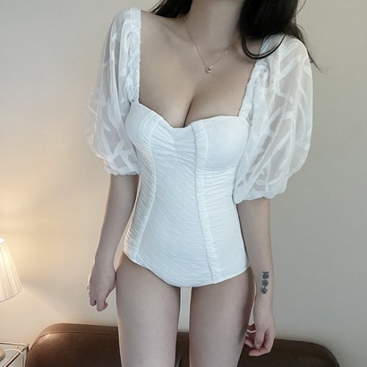 VANANA2 무드업 시스루 퍼프소매 여성 페미닌 모노키니 비치웨어