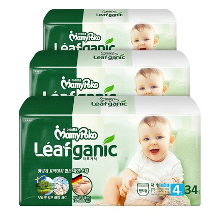 마미포코 리프가닉 팬티형 기저귀 남아용 대형 4단계(10~14kg) 34p x 3팩, 102매