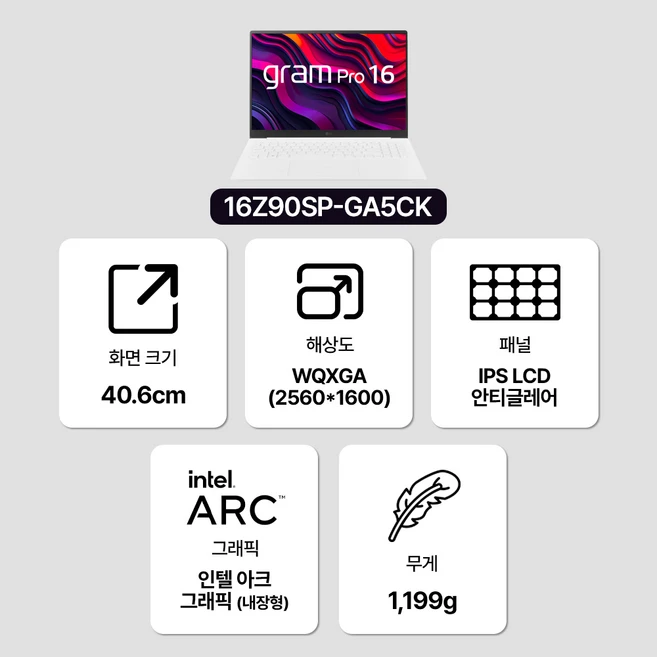 LG전자 2024 그램 Pro 16 코어Ultra5 인텔 Arc, 에센스 화이트, 256GB, 16GB, WIN11 Home, 16Z90SP-GA5CK