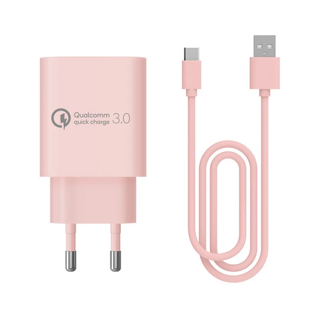 홈플래닛 퀄컴 공식인증 QC 3.0 18W 고속충전기 + C타입 케이블 1.2m 세트, 핑크, 1세트