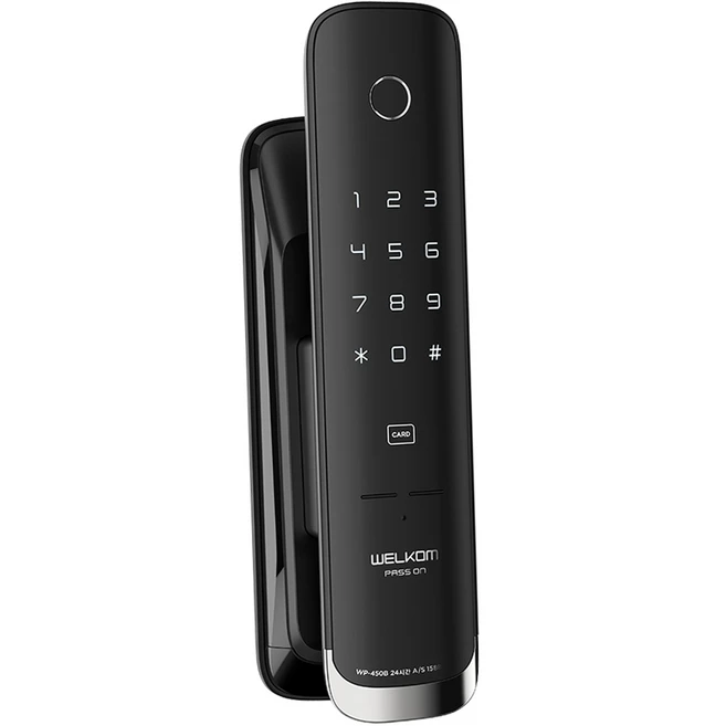 솔리티 웰콤 패스온 무타공 푸시풀 디지털손잡이 있음 도어락 지문인식 WP-450B + 카드키 2p, 고객직접설치