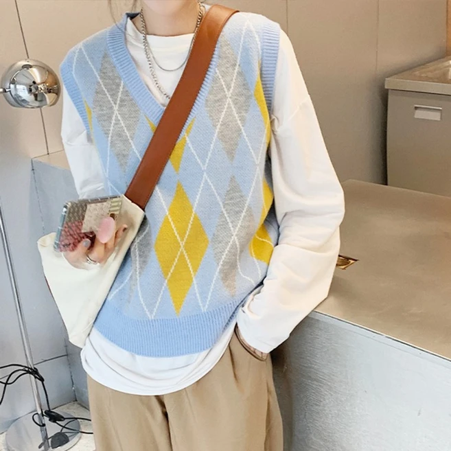 크롭 브이넥 니트 베스트 체크 조끼 여자 울 꽈배기 여성