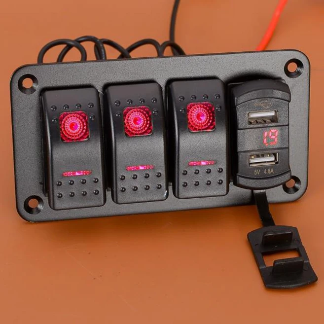 호환3갱 로커 토글 스위치 패널 듀얼 B 포트 12V-24V RV 자동차 트럭 UTV ATV 마린 보트 캐러밴 레드 LED 전압계 범용, 1개