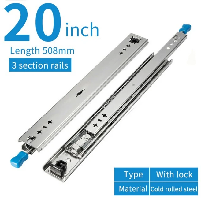 LianLi-튼튼한 서랍 슬라이드 53mm 잠금 완전 확장 볼 베어링 레일 120kg 용량 1 쌍, 06 20inch(508mm), 1개
