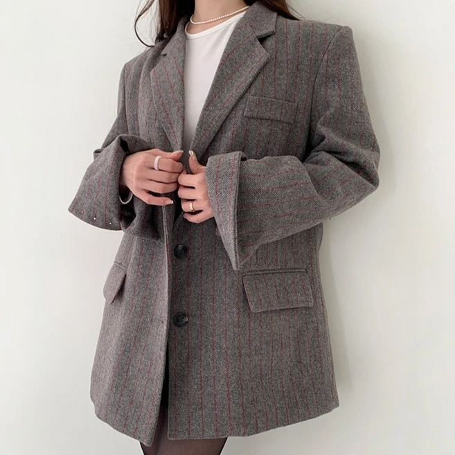 체크 누빔 오버핏 울 자켓