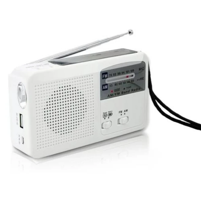 핸드 크랭크 동력 라디오 전원 태양열과 수동 가진 비상 자동 배터리 USB 충전 FMAM LED 손전등 전화 충전기, White