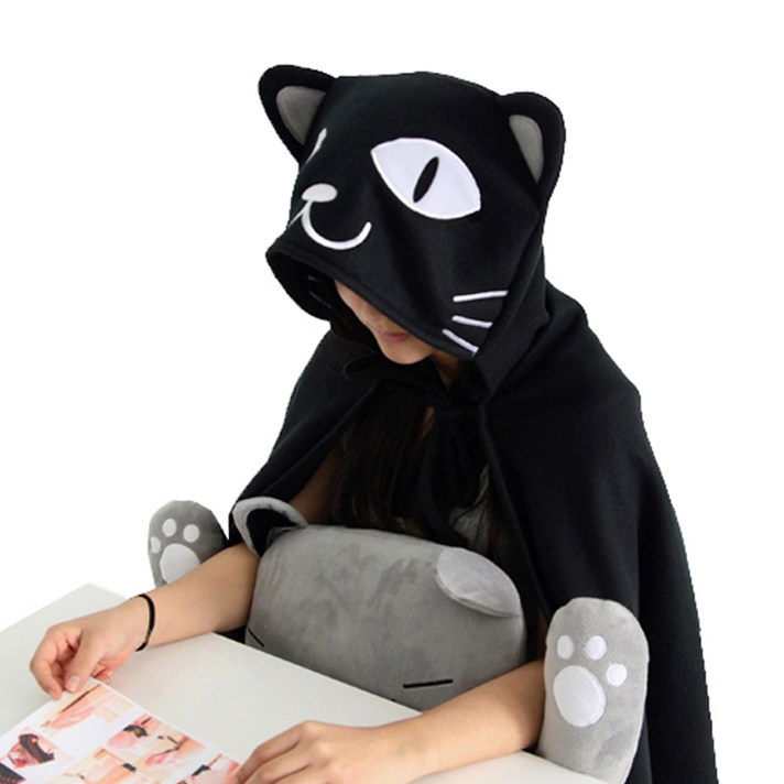 투영디자인 고냥이 모자망토 무릎담요, 블랙