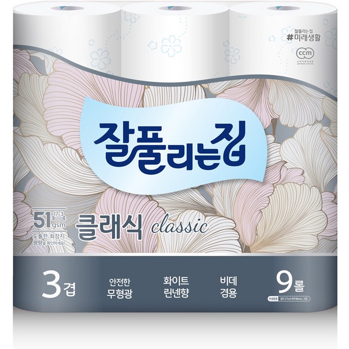 잘풀리는집 3겹 클래식 화장지 27m, 9개입, 1개