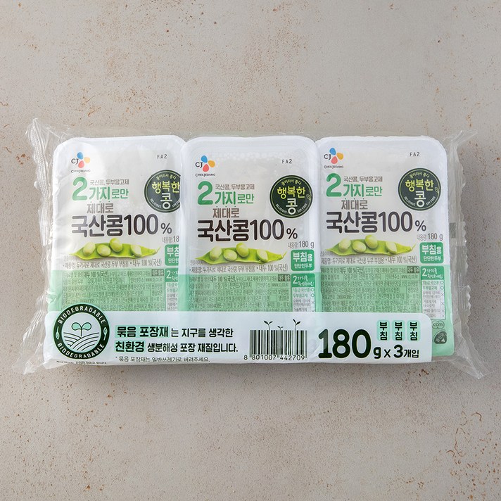 행복한콩 두부 국산콩 100퍼센트 두부 부침용, 180g, 3개