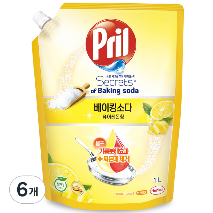 프릴 시크릿 오브 베이킹소다 주방세제 퓨어레몬향 리필, 1L, 6개