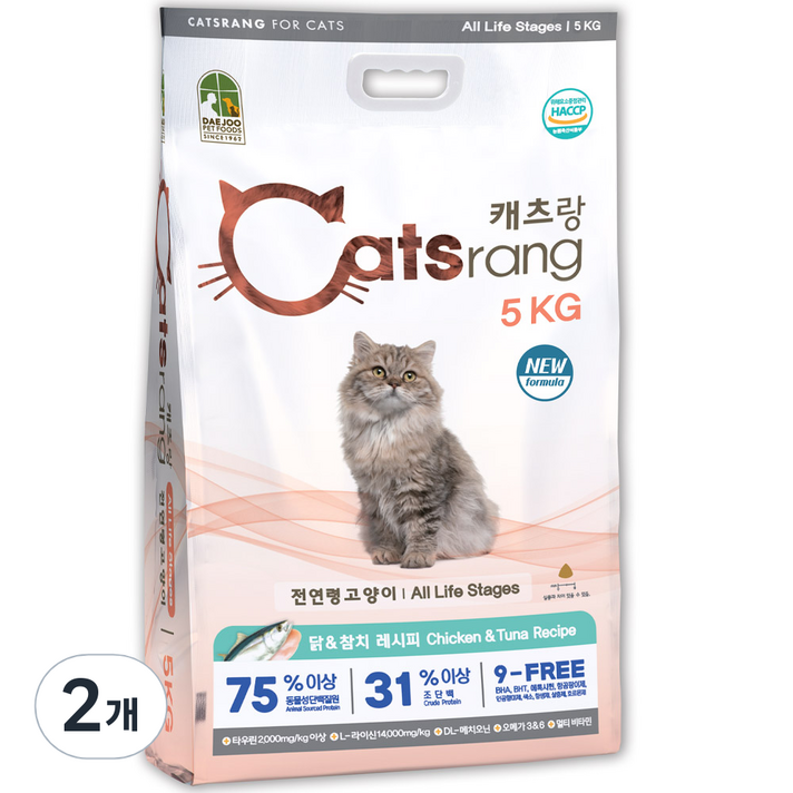 캐츠랑 NEW 전연령 올라이프 고양이 건식사료, 닭, 5kg, 2개