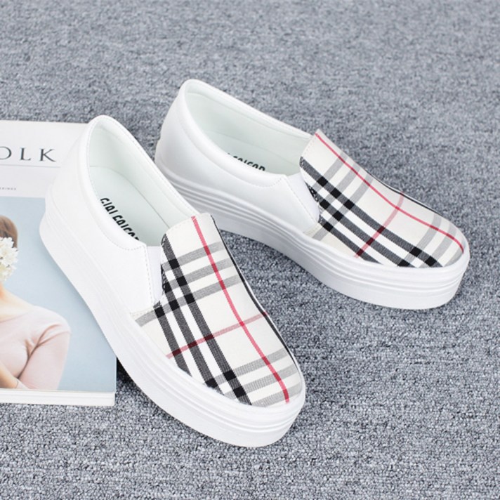 여성용 통굽 체크 에스파 슬립온 4cm