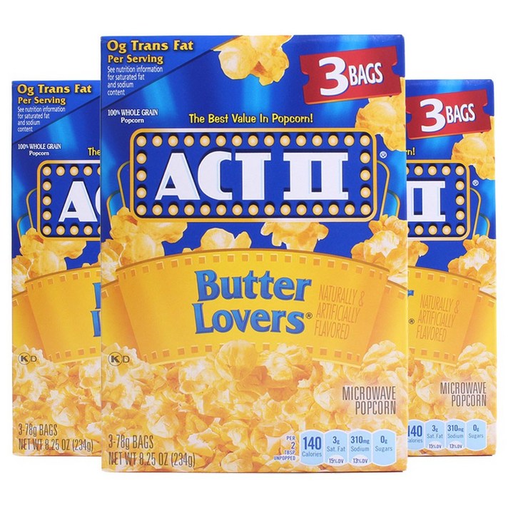 엑트 II 마이크로웨이브 팝콘 버터 러버 글루텐 프리 3개입, 234g, 3개
