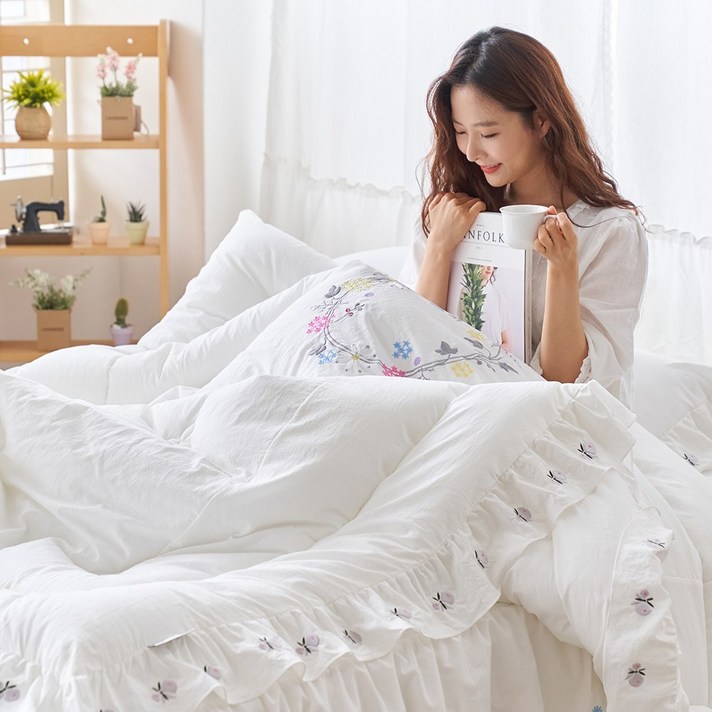 류금숙 여자의 정원 광목 워싱 자수침구 차렵이불+베개커버+숏매트커버세트 (SS/Q/K/SK), 퓨어화이트