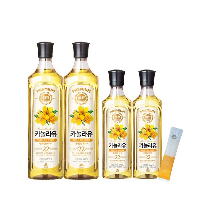해표 카놀라유 900ml 2개 + 카놀라유 500ml 2개 + 꿀따옴 꿀스틱 1개, 해표 카놀라유 900 2개+500 2개+꿀스틱1개