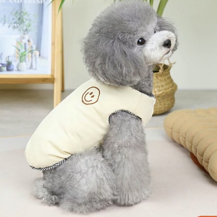 코코스튜디오 고양이 강아지옷 스마일 체크 패딩 조끼, 코코 스마일 체크 패딩조끼/아이보리