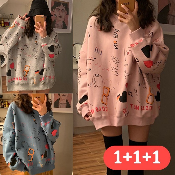 주디앤 여성 토이랜드 오버핏 긴팔 맨투맨 티셔츠 1+1+1 리빙공감