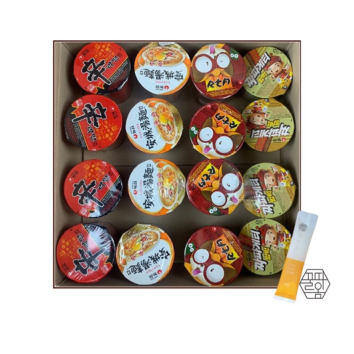 농심 소컵 신라면4입+안성탕면4입+얼큰너구리4입+짜파게티범벅4입 + 꿀따옴 꿀스틱 1개, 소컵신라면+안성탕면+너구리+짜파범벅X4개씩+꿀스틱 1개